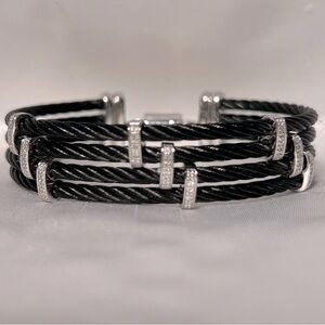 Sterling Silver, Diamond, and Black Cable Cuff